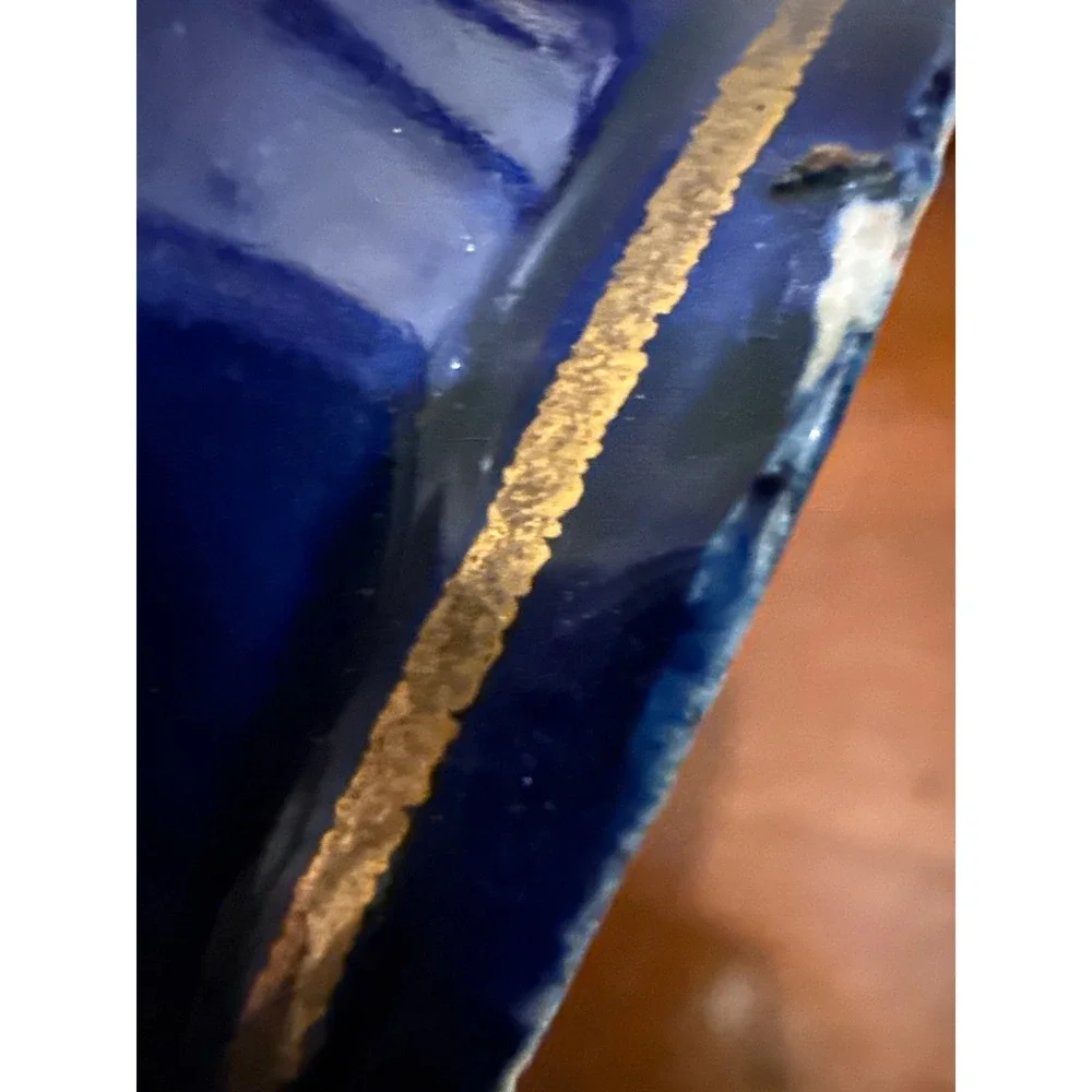 Vintage Japanese Vase Cobalt Blue Orange Landscape Scene Gold Trim Handles 6.75